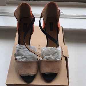 Zara Tan Orange Color block Heels Sz 39 (US 8)